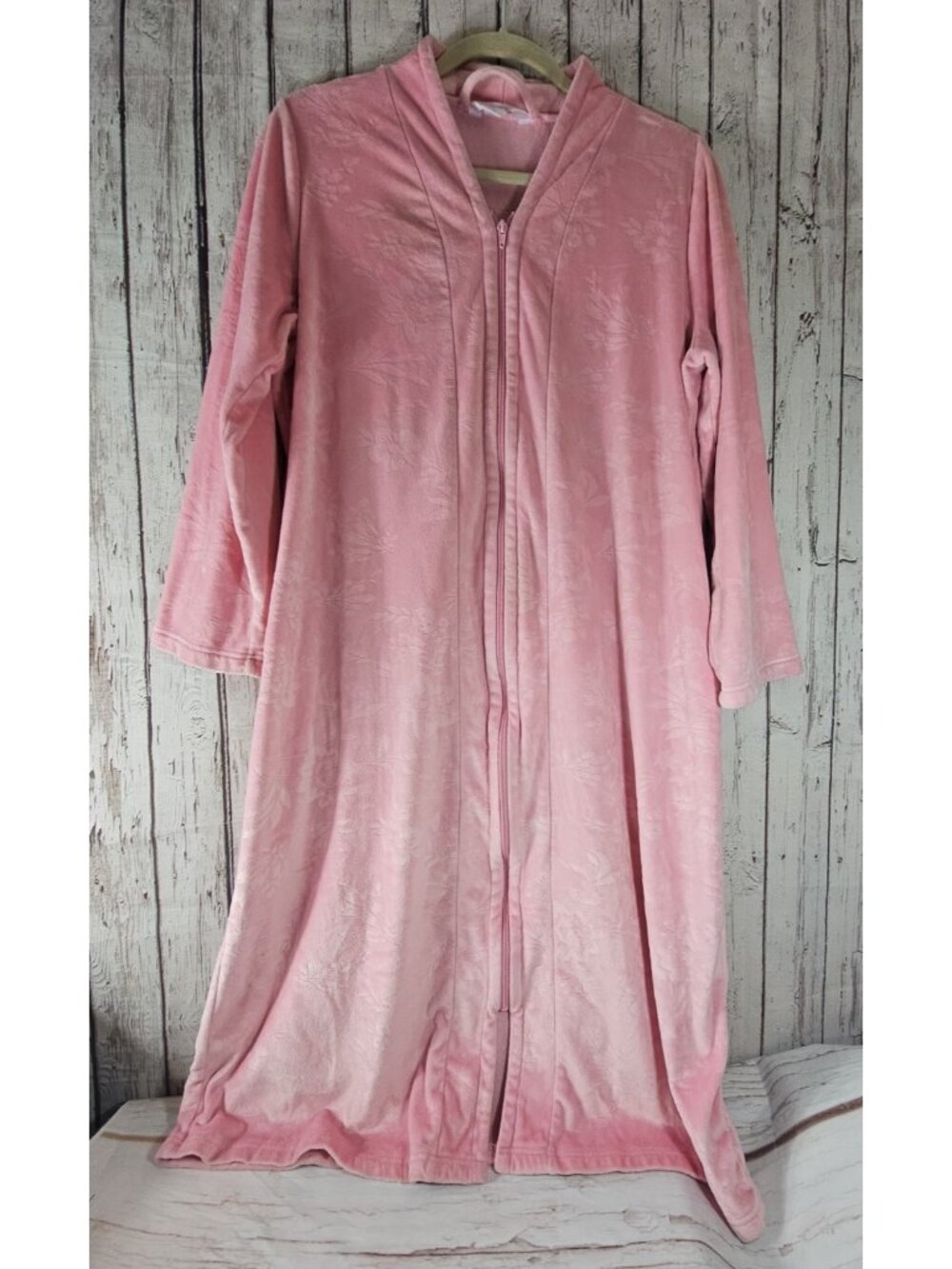 Adonna Velour Housecoat Medium Pink Full Zip Long Sleeve Pockets Floral Granny